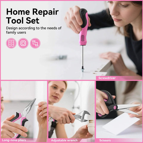 Close-up images of Pink 69 Piece Tool Kit for Women Portable Hand Tools Set for Home Repairs DIY Projects Office and Dorm in use