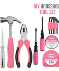 Pink 13 Piece Tool Set For Women Portable Mini Toolkit For College Dorms Homes And Office Starter Toolbox with hammer, pliers, screwdrivers