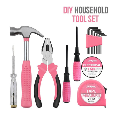 Pink 13 Piece Tool Set For Women Portable Mini Toolkit For College Dorms Homes And Office Starter Toolbox with hammer, pliers, screwdrivers