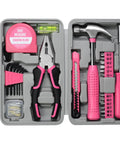 Open 25 Piece Pink Tool Set for Women Portable DIY Home Repair Kit with Beginner Friendly Tools including hammer, pliers, tape measure.