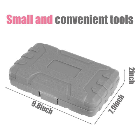 Gray carrying case for Pink 13 Piece Tool Set For Women Portable Mini Toolkit with size dimensions displayed.