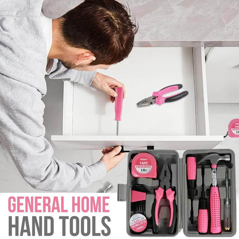 Man using pink screwdriver from Pink 13 Piece Tool Set For Women Portable Mini Toolkit For College Dorms Homes And Office Starter Toolbox