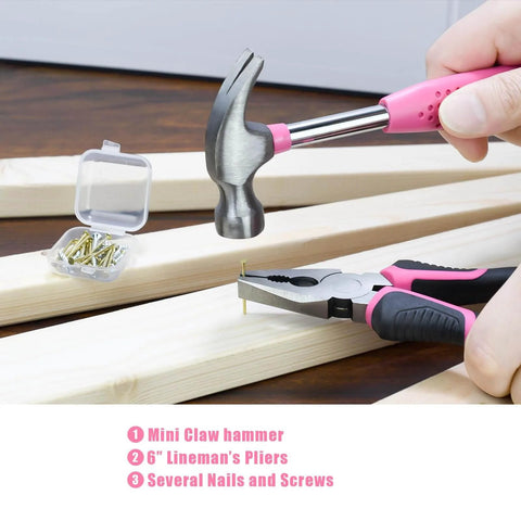Mini claw hammer and pliers from 25 Piece Pink Tool Set for Women Portable DIY Home Repair Kit with Beginner Friendly Tools