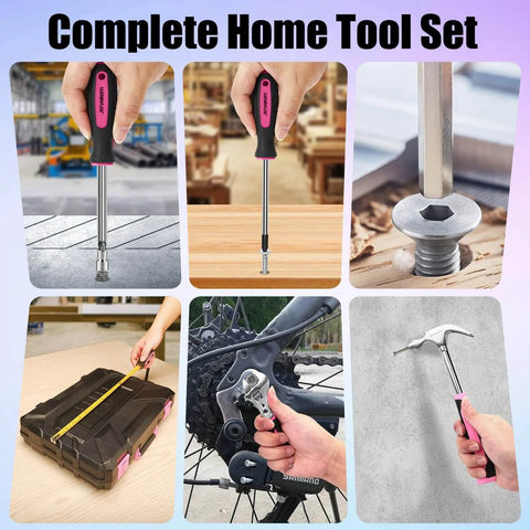 Multiple tools from the Pink 8V Cordless Drill With LED Light And 127 Piece Home Tool Kit For DIYers And Homeowners in use