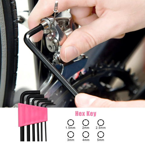 Using hex key from 25 Piece Pink Tool Set for Women Portable DIY Home Repair Kit with Beginner Friendly Tools for Easy Home Fixes on bike