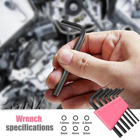 Close-up of hand holding an Allen wrench from the Pink 13 Piece Tool Set For Women Portable Mini Toolkit For College Dorms Homes And Office