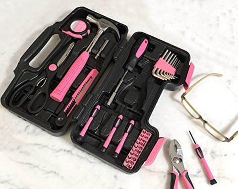 Open toolbox with 39 Piece General Household Tool Set In A Sturdy Toolbox Case For Everyday Home Repairs, DIY Projects, And Crafts