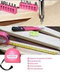 Tools from 25 Piece Pink Tool Set for Women Portable DIY Home Repair Kit including bits, tape measure, and utility knife.