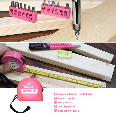 Tools from 25 Piece Pink Tool Set for Women Portable DIY Home Repair Kit including bits, tape measure, and utility knife.