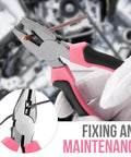 Close-up of pink pliers from Pink 13 Piece Tool Set For Women Portable Mini Toolkit For College Dorms Homes And Office Starter Toolbox.