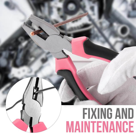 Close-up of pink pliers from Pink 13 Piece Tool Set For Women Portable Mini Toolkit For College Dorms Homes And Office Starter Toolbox.