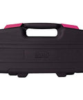 Closed black toolbox with pink accents for 39 Piece General Household Tool Set In A Sturdy Toolbox Case For Everyday Home Repairs.