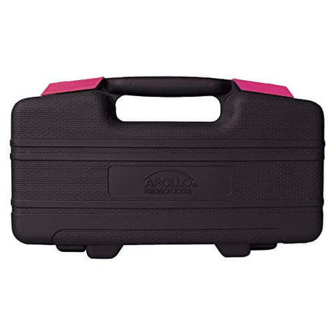 Closed black toolbox with pink accents for 39 Piece General Household Tool Set In A Sturdy Toolbox Case For Everyday Home Repairs.