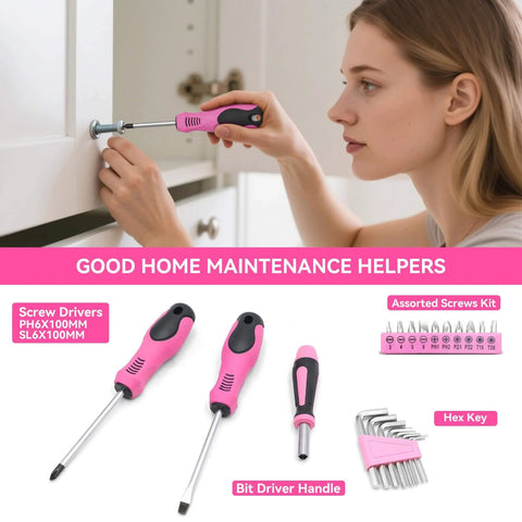 Pink 69 Piece Tool Kit For Women Portable Hand Tools Set For Home Repairs DIY Projects Office And Dorm, screwdriver use