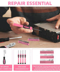 Person using screwdriver from Pink 144 Piece Home Tool Kit Set With Plastic Toolbox Handy Starter Kit Built For Dorms Apartments And Office Repairs