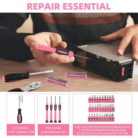 Person using screwdriver from Pink 144 Piece Home Tool Kit Set With Plastic Toolbox Handy Starter Kit Built For Dorms Apartments And Office Repairs