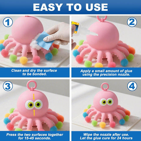 Fast Bonding Top Notch Clear Silicone Glue For Silicone Rubber And TPU TPE TPR Crafts Waterproof Liquid Adhesive being applied to a pink rubber octopus toy with six applicator nozzles