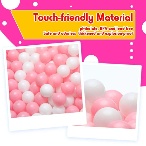 Close-up of 100 Ball Pit Balls for Kids, Plastic Balls for Ball Pit, Play Balls for Toddlers Babies in pink and white colors