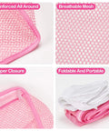 2 PCS Ball Pit Balls Bags - Storage Mesh Bag with Zipper, sturdy breathable mesh shown in pink and white, highlighting features.