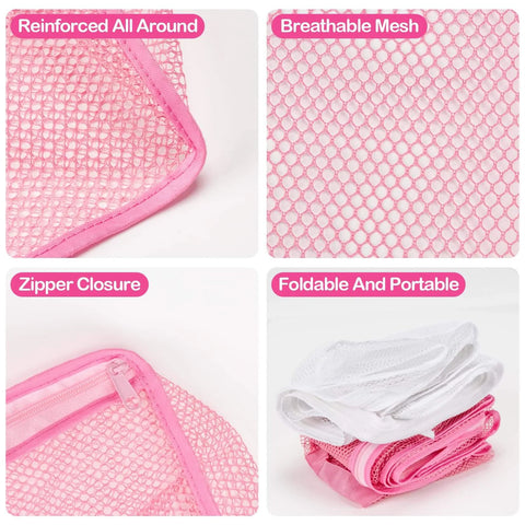 2 PCS Ball Pit Balls Bags - Storage Mesh Bag with Zipper, sturdy breathable mesh shown in pink and white, highlighting features.