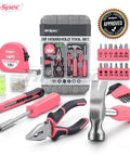 Pink 25 Piece Women DIY Tool Kit Set In Compact Mini Toolbox For Beginners Home Repairs, showing tools and pink case.