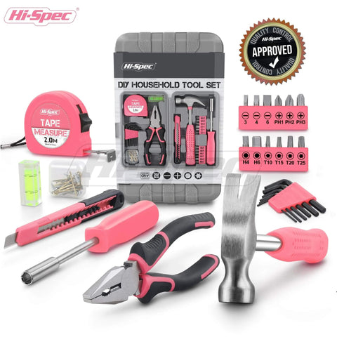 Pink 25 Piece Women DIY Tool Kit Set In Compact Mini Toolbox For Beginners Home Repairs, showing tools and pink case.
