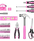 Pink Tool Kit For Women 42 Piece Home DIY Set For Repairs And Woodworking Projects includes hammer, pliers, scissors, and screwdrivers