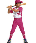 Toddler And Youth Knicker Baseball Pants For Boys And Girls MIVEI Pink Knee Length With Belt Loops, kid posing with bat, side view