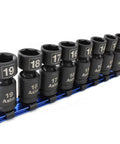 Pinless Nano Universal Impact Socket Set For Three Eighths Inch Drive Pro Grade Workhorse Ten Piece Set With Sizes Ten Through Eighteen Millimeter 360 Degree Rotating Head Ultra Short Profile Forged Cro Mo Lifetime Warranty Astro Pneumatic Tool displayed on a rail, showing sockets 10-19 mm in a row