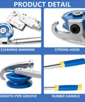 Heavy Duty Three Eighths Inch Pipe Bender showing cleaning markings, strong hook, smooth pipe groove, and rubber handle.