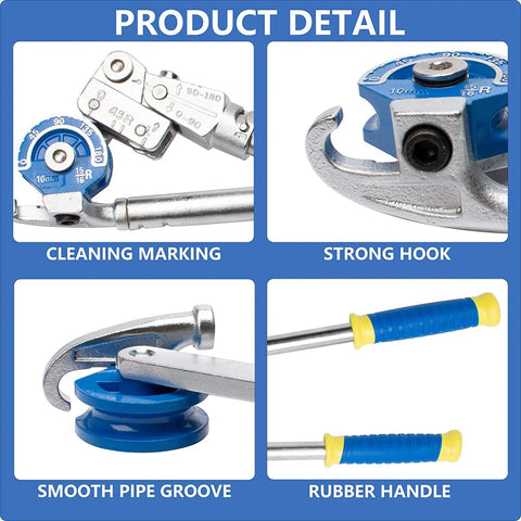 Heavy Duty Three Eighths Inch Pipe Bender showing cleaning markings, strong hook, smooth pipe groove, and rubber handle.