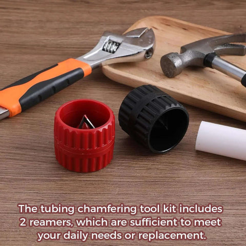 Two Piece Pipe Deburring Kit With Reamer And Chamfer Tools For PVC PPR Copper Brass Aluminum Tubes in red and black, shown with tools.