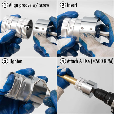 All Metal Pipe Deburring And Reaming Tool For Copper Pipe And PVC Tubing With Drill Adaptor Pro Grade 1/4 To 1 5/8 Inch Inner And Outer Chamfer Bevel Tool Vouyar being assembled and used with a drill