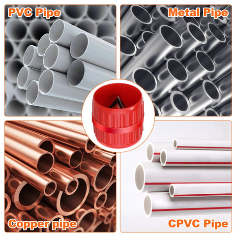 Six In One Depth Gauge And Pipe Deburring Tool Kit with deburrer and various pipe types including PVC, metal, copper, CPVC