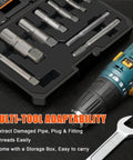 Heavy Duty Pro Grade 9 Piece Pipe Extractor Set For Damaged Pipes From One Eighth Inch To One Inch With Anti Slip Grip And Storage Case Deep Cut Thread Design For Secure Purchase On Broken Or Stripped Threads In Tight Spaces in an open case next to a drill and wrench