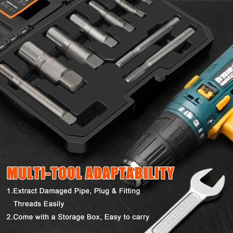 Heavy Duty Pro Grade 9 Piece Pipe Extractor Set For Damaged Pipes From One Eighth Inch To One Inch With Anti Slip Grip And Storage Case Deep Cut Thread Design For Secure Purchase On Broken Or Stripped Threads In Tight Spaces in an open case next to a drill and wrench