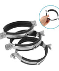 Three Piece Pipe Fitting Movable Bracket Clamp Kit for water pipes, showing metal clamps and rubber lining for wall and ceiling mount emergency repair