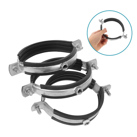 Three Piece Pipe Fitting Movable Bracket Clamp Kit for water pipes, showing metal clamps and rubber lining for wall and ceiling mount emergency repair