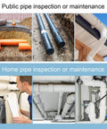 Various images of pipe inspection and maintenance in different environments, showing both public and home scenarios.