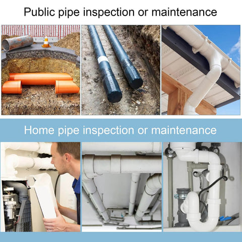 Various images of pipe inspection and maintenance in different environments, showing both public and home scenarios.