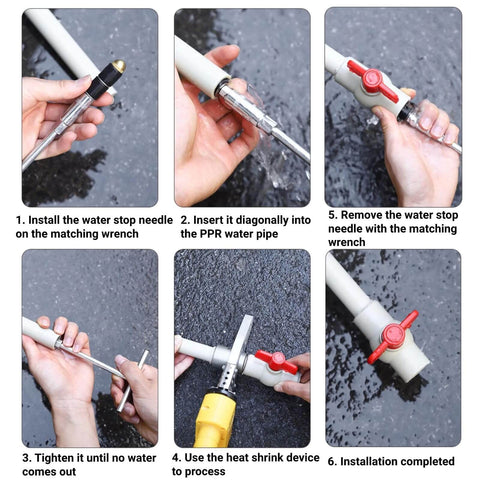 Steps to use DIY Pipe Leak Repair Kit For Copper And PVC Pipes with Reusable Water Stopper Pins and Stainless Steel Needle