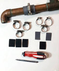 Pipe Leak Repair Kit With 6 Patches And Stainless Steel Clamps, No Water Shut Off Needed, shown with tools and fittings