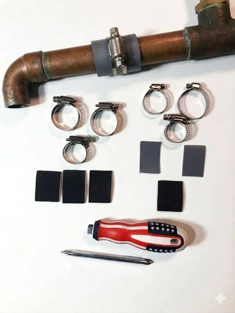 Pipe Leak Repair Kit With 6 Patches And Stainless Steel Clamps, No Water Shut Off Needed, shown with tools and fittings