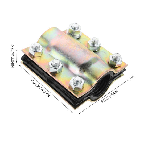 Pipe Leak Sealer Clamp For Plumbing Repair Kit Fits PE PPR Steel And Iron Pipes Emergency Fix For Home DIY And Professional Use Durable Reliable Repair Solution Now, shown with bolt details and dimensions