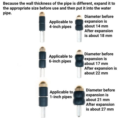 DIY Pipe Leak Repair Kit For Copper And PVC Pipes, showing various reusable water stopper pins with expansion details for different pipe sizes.
