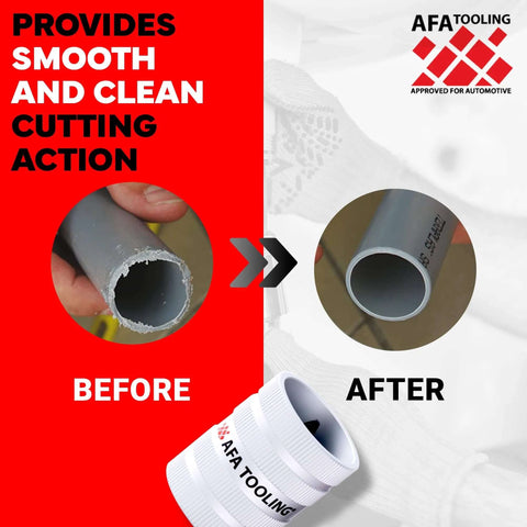 Inner And Outer Pipe Reamer For 3/8 To 2 Inch Pipes With 45 Cutting Edges showing before and after deburring illustration