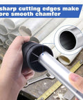 Pro Grade All Purpose Pipe Reamer And Deburring Tool For Copper Aluminum PVC And PPR Pipes Fits Outer Diameter From One Quarter Inch To One And Five Eighths Inches Inner And Outer Deburring Plumbing Cleaner tool in use with pipe.
