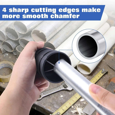 Pro Grade All Purpose Pipe Reamer And Deburring Tool For Copper Aluminum PVC And PPR Pipes Fits Outer Diameter From One Quarter Inch To One And Five Eighths Inches Inner And Outer Deburring Plumbing Cleaner tool in use with pipe.