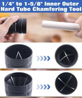 Pro Grade All Purpose Pipe Reamer And Deburring Tool For Copper Aluminum PVC And PPR Pipes Fits Outer Diameter From One Quarter Inch To One And Five Eighths Inches Inner And Outer Deburring Plumbing Cleaner shown in use on a white PVC pipe, featuring aluminum body and four blades for clean cuts.