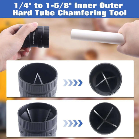 Pro Grade All Purpose Pipe Reamer And Deburring Tool For Copper Aluminum PVC And PPR Pipes Fits Outer Diameter From One Quarter Inch To One And Five Eighths Inches Inner And Outer Deburring Plumbing Cleaner shown in use on a white PVC pipe, featuring aluminum body and four blades for clean cuts.